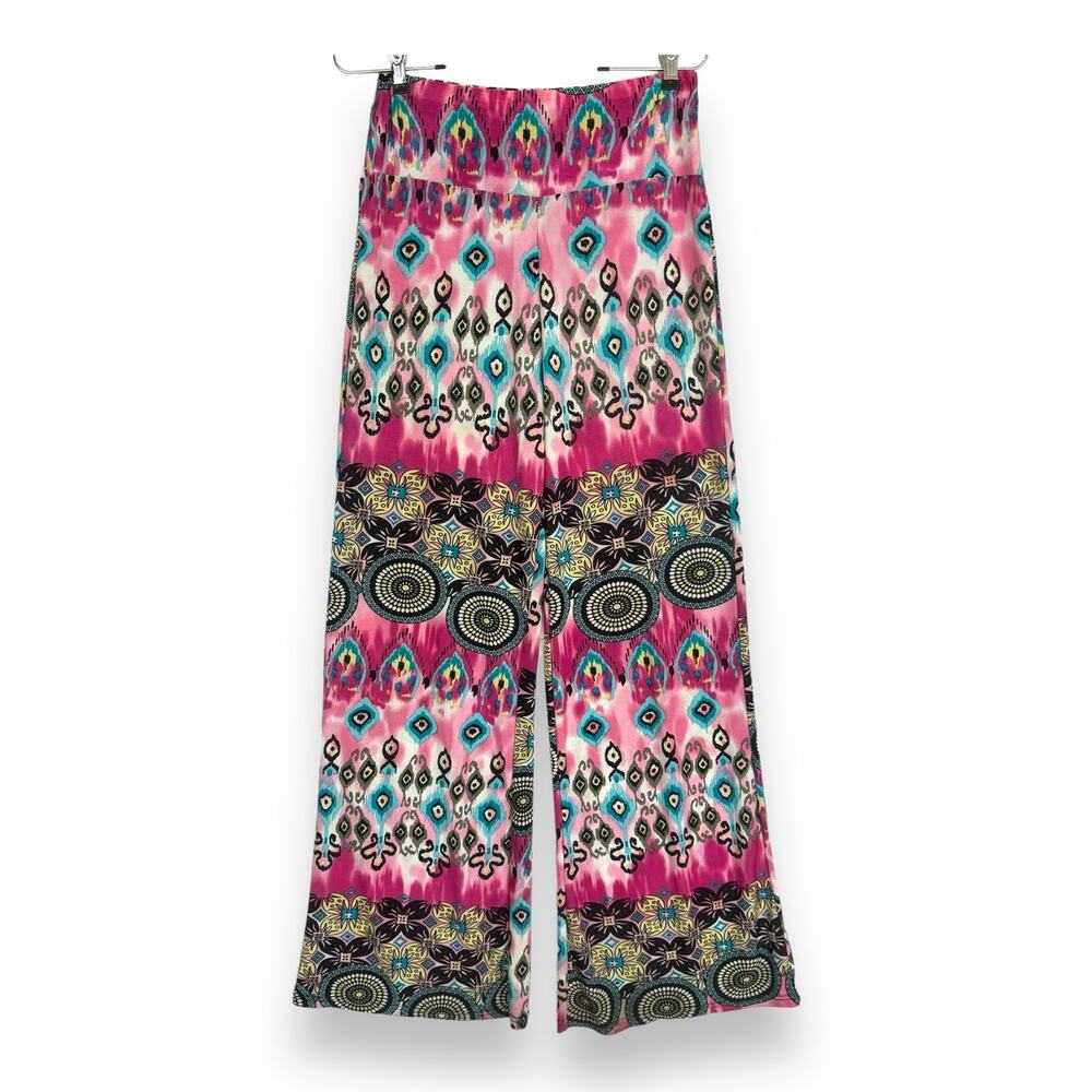 Wide Leg Palazzo Pants S/M Pink Blue Stretch Boho Festival Dopamine